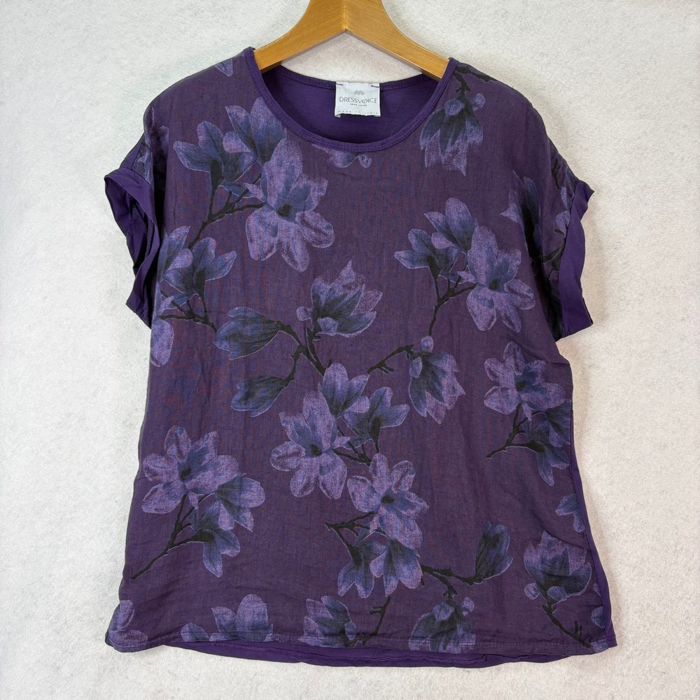 Womens Purple Floral Linen Blend Short Sleeve Top Sz XL Lagenlook Botanical Chic